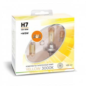 12V   H7  55W  Yellow 3000K (2 штуки) + 2 лампы W5W  SVS  лампы галогеновые